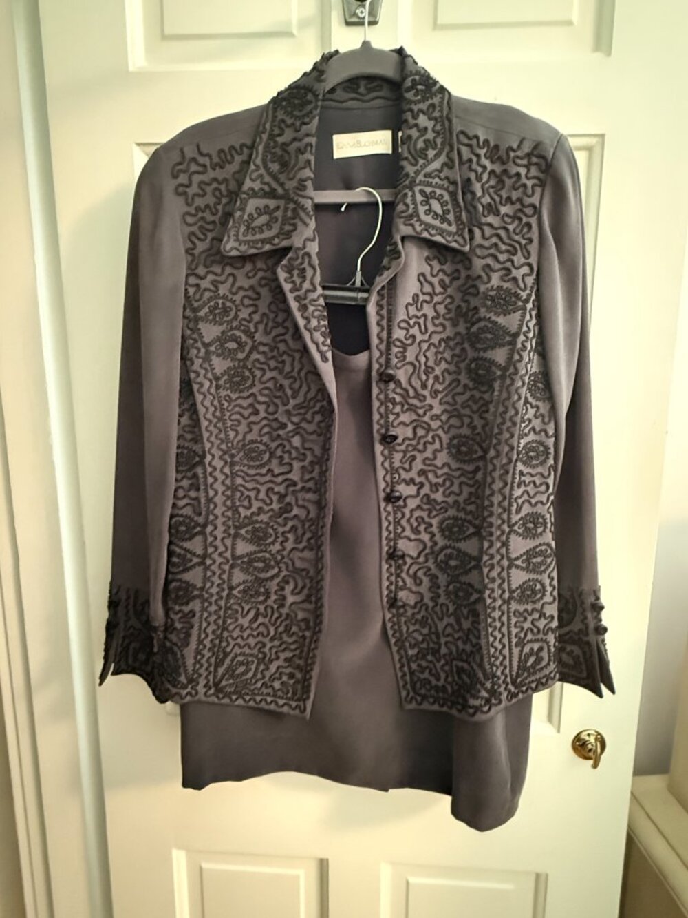 Vintage Dana Buchman Gray Silk Embroidered Skirt Suit 2 Piece from Neiman Marcus